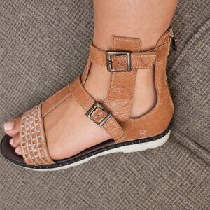 OAN Gladiator Sandals • Tan Leather • White Distressed Detail • Boho Platform